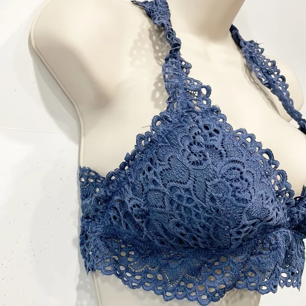 ALTAR’D STATE Navy‎ Blue Deep V Lace Bralette Bra Size Medium Pullover Women
